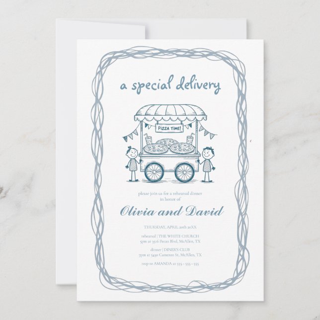 Convites Garota chá de fraldas de doodle da pizza de entreg (Frente)