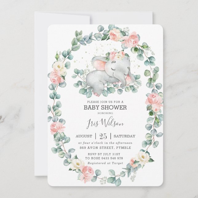 Convites Garota Chá de fraldas de Elefante Bonita Dormindo (Frente)