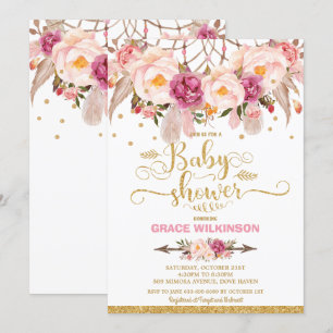 Convites Garota Chá de fraldas do Sonho Floral Boho