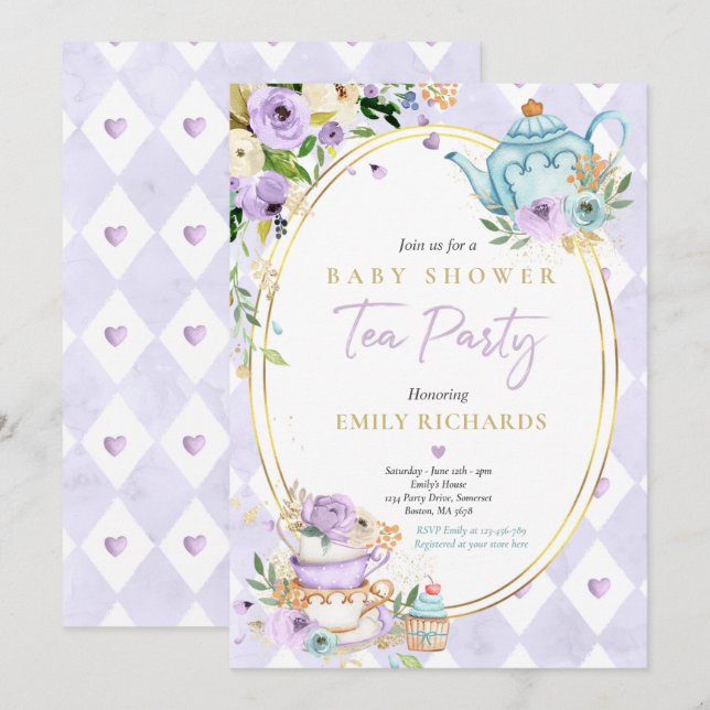 Convites Garota Chá de fraldas do Tea Party Lilac Rosa (Frente/Verso)