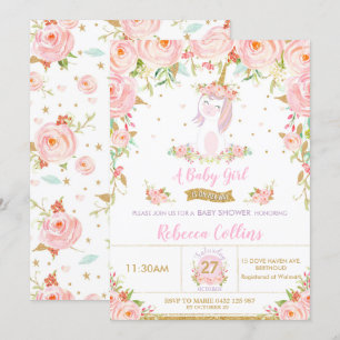 Convites Garota Chá de fraldas Floral Cinzenta Branca