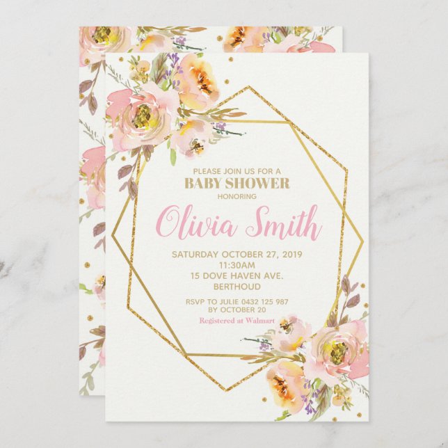 Convites Garota Chá de fraldas Floral Rosa Geométrica (Frente/Verso)