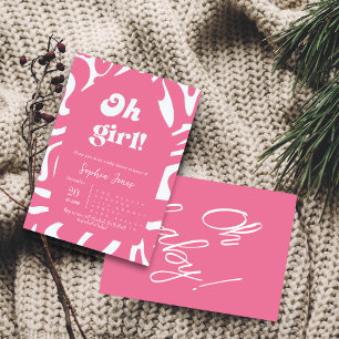 Convites Garota! chá de fraldas Gingham rosa cor-de-rosa