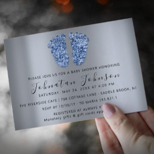 Convites Garota chá de fraldas Glitter Blue Feet Cinza