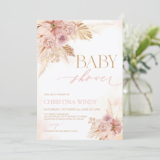 Convites Garota Chá de fraldas-Grama Pampas-Rosa-Blush