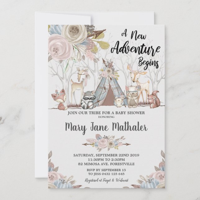 Convites Garota Chá de fraldas Tribal Woodland (Frente)