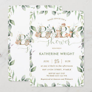 Convites Garota Chá de fraldas-verde de animais da floresta