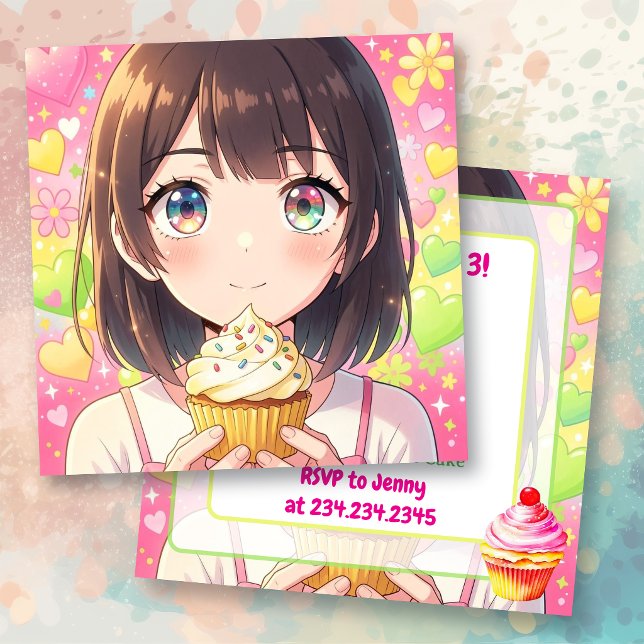 Convites Garota de Anime e Bolo de Aniversário   (Criador carregado)