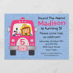 Convites Garota de Aniversário do Caminhão de Fogo