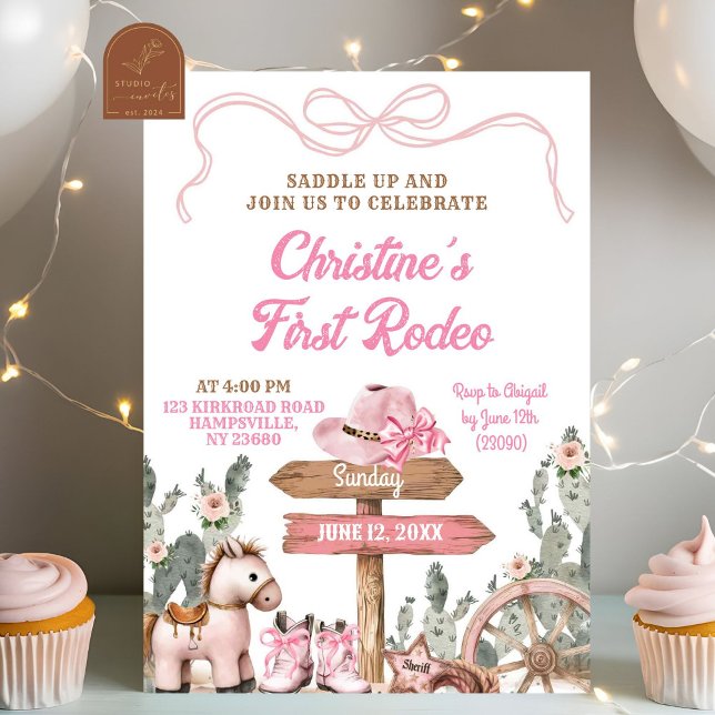 Convites Garota de Aniversário do Primeiro Rodeio Pink Coqu (Criador carregado)