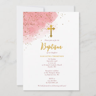Convites Garota de Batismo Dourado  com Glitter de Aquarela
