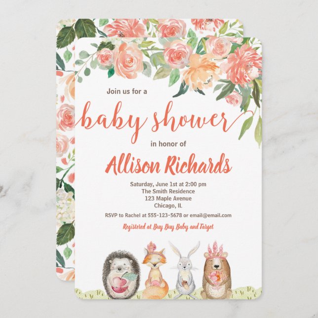 Convites Garota de chá de fraldas de animais da floresta (Frente/Verso)