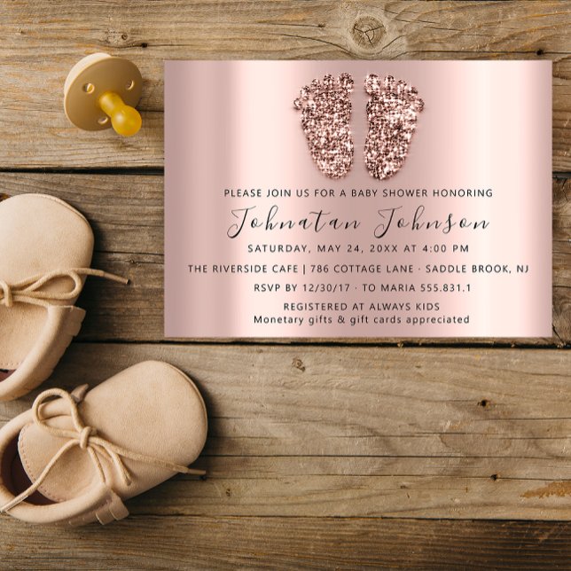 Convites Garota de Cinza de Rosa Dourada com brilho chá de  (Baby Shower Glitter Rose Gold Feet Gray Boy Girl Invitation)