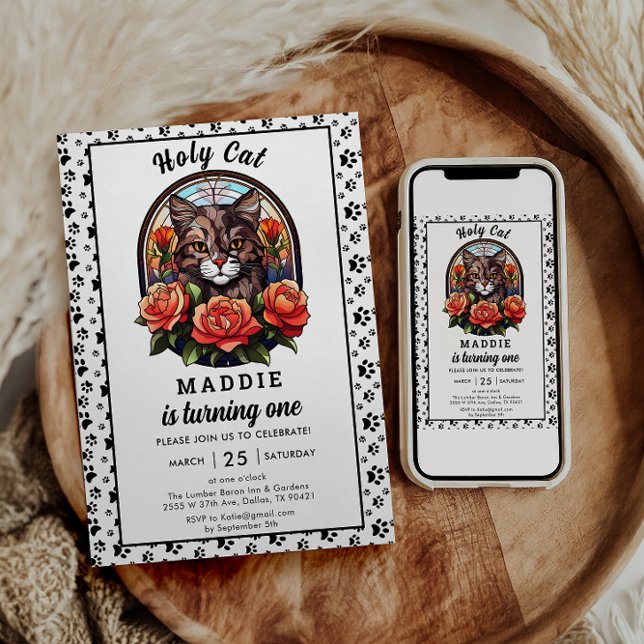 Convites Garota de Gato Bonita Primeiro Aniversário (Criador carregado)