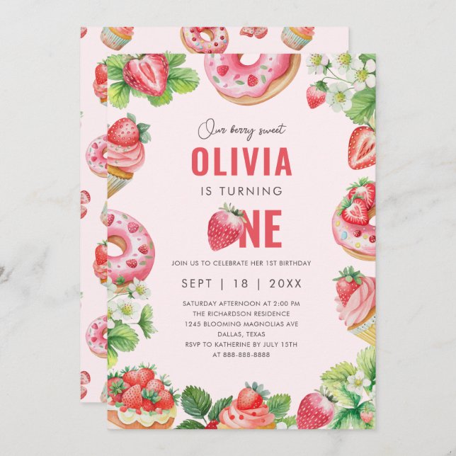 Convites Garota de morango rosa-primeiro aniversario-doce (Frente/Verso)