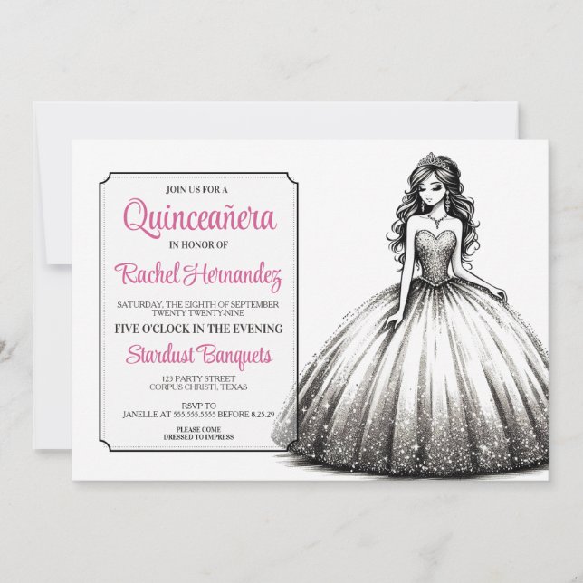 Convites Garota de Quinceañera Preto e Branco (Frente)