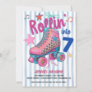 Convites Garota do Patins Retrô de 7 anos de idade Vamos Ro