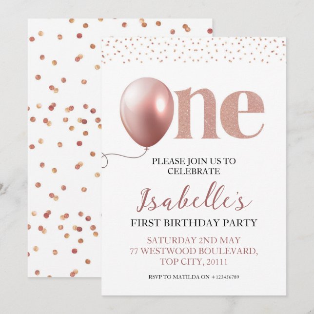 Convites Garota do Primeiro Aniversário Rosa Dourada Link (Frente/Verso)