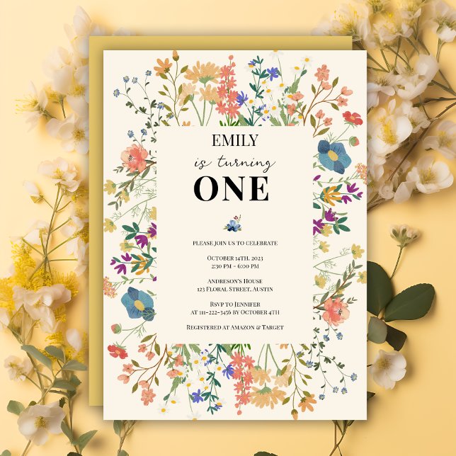 Convites Garota do Tema de Flor Selvagem Primeiro Aniversár (Criador carregado)