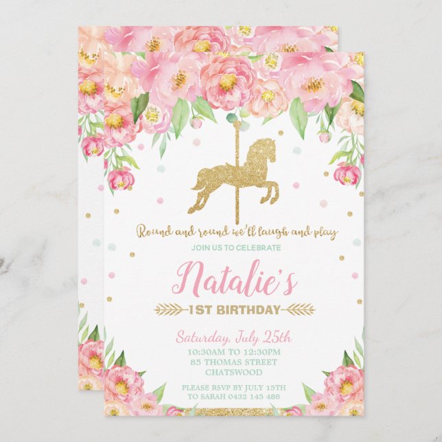 Convites Garota Dourada e floral rosa primeiro aniversario (Frente/Verso)