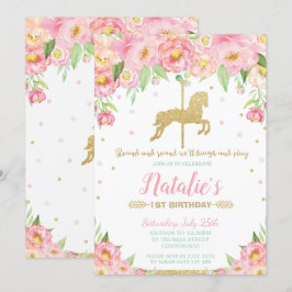 Convites Garota Dourada e floral rosa primeiro aniversario