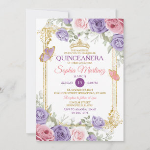 Convites Garota Dourada Floral Rosa E Roxa Quinceañera