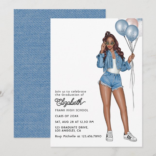 Convites Garota Elegante de Jeans com Balões Festa de Forma (Frente/Verso)