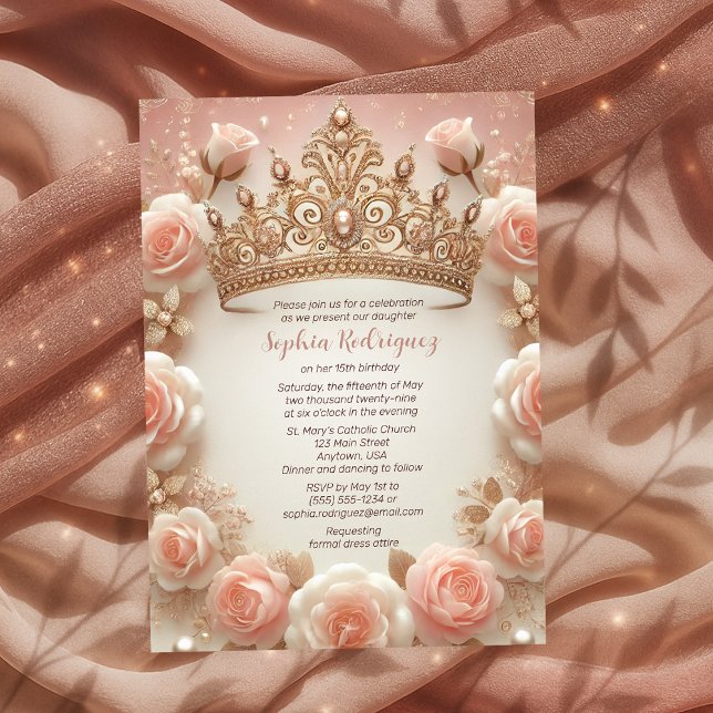 Convites Garota Elegante Rosa Escova Quinceañera (Teen Girl Elegant Blush Roses Crown Quinceañera Invitation)