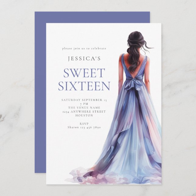 Convites Garota em Lilac Vestido Doce Doce 16 Festas de ani (Frente/Verso)