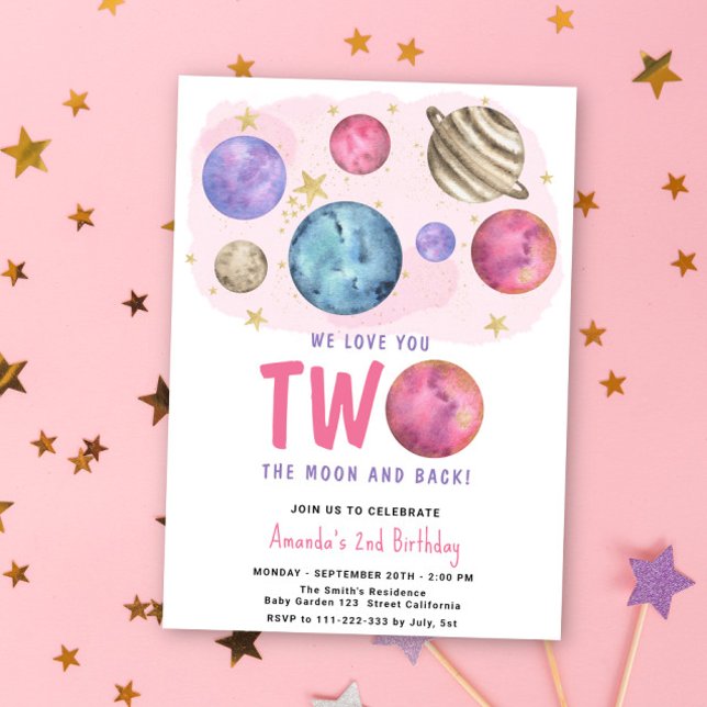 Convites Garota Espacial Dois a Lua Festa de Aniversário Es (Criador carregado)