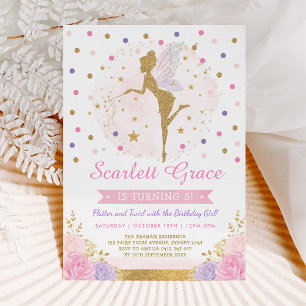 Convites Garota Fada Blush Floral Rosa Aniversário