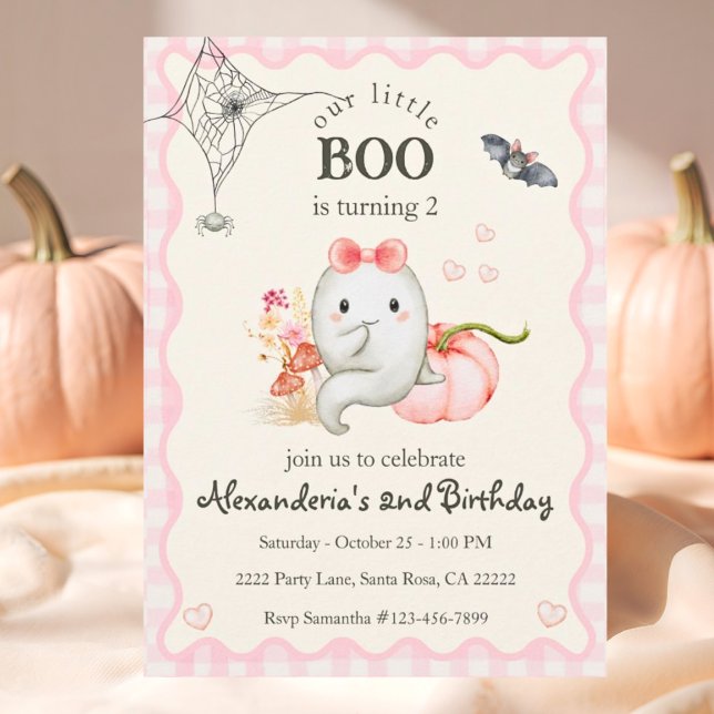 Convites Garota Festa de aniversário Rosa Fantasma (Cute Ghost Boo Turning 2 Birthday Party Invitation. Easy to personalize.)