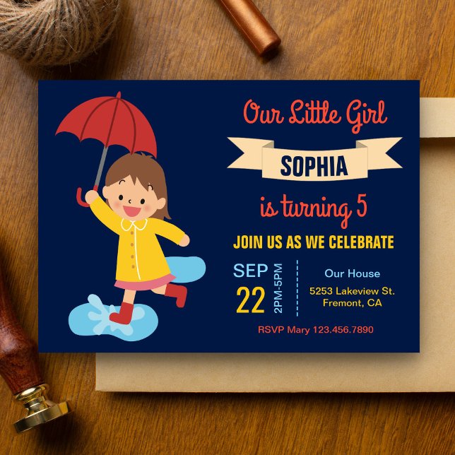 Convites Garota Fofa com Guarda-chuva | Festa de Aniversári (Criador carregado)