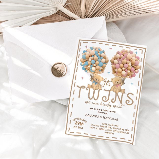 Convites Garota Gêmea Ursa Rosa Chá de fraldas Azul (Criador carregado)