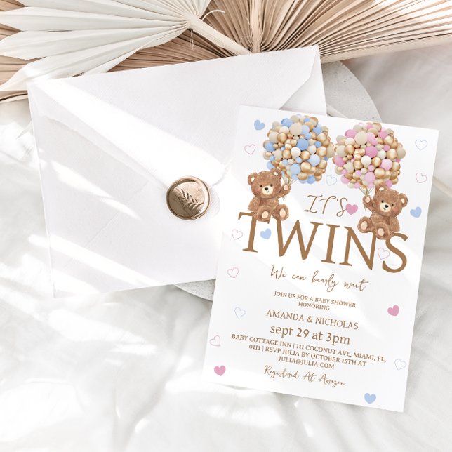 Convites Garota gêmeas ursinhas balões de ursos Chá de fral (Criador carregado)