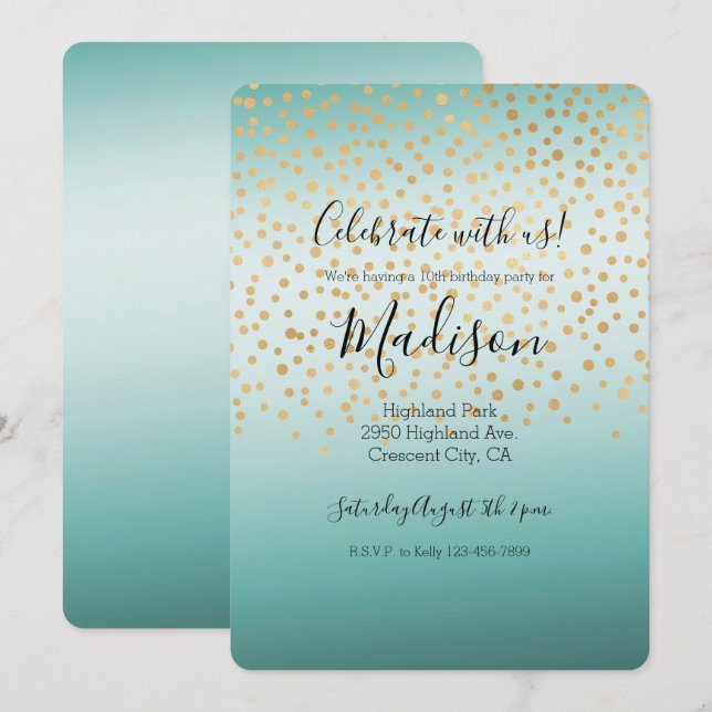 Convites Garota Glam Dourado Confetti Mint Ombre (Frente/Verso)