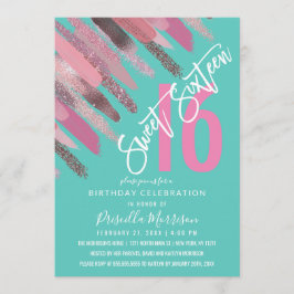 Convites Garota Glitter Pintura Brushbrato Rosa Teal Rosa D