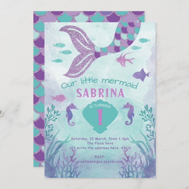 Convites Garota, Glitter, Sereia, Cauda, Sob o mar, (Frente/Verso)