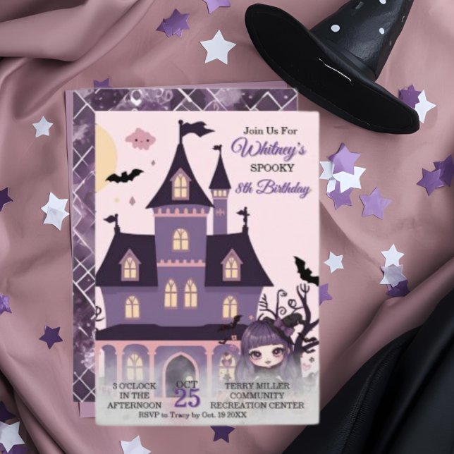 Convites Garota Gótica Roxa e Roxa (Spooky Cute Purple Birthday Gothic Girl Invitation)
