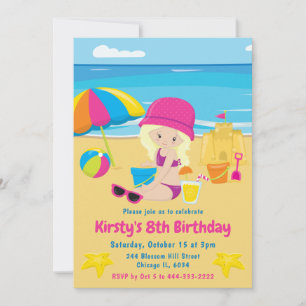Convites Garota Loira Fofa Aniversário de Verão na Praia