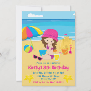 Convites Garota Morena Bonita Aniversário de Verão na Praia