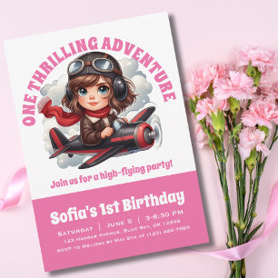 Convites Garota Piloto Fofa Voa Avião, Aniversário Rosa Fem