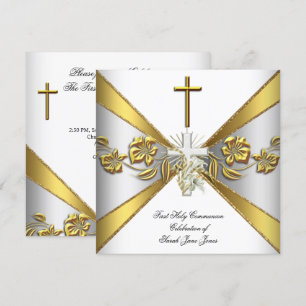 Convites Garota Primeira Comunhão Dourada Floral Branco 2