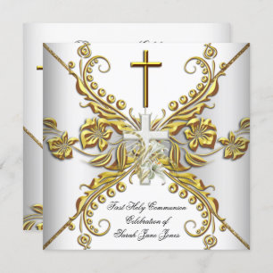 Convites Garota Primeira Comunhão Dourada Prata Branca Flor