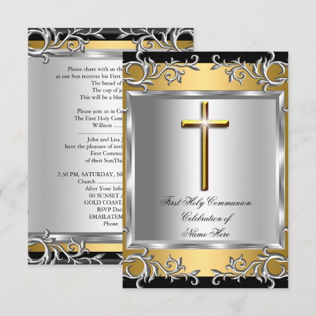Convites Garota Primeira Comunhão Sagrada LME Dourado (Frente/Verso)