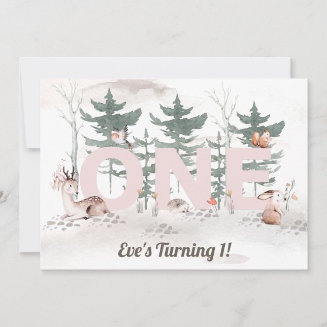 Convites Garota Primeiro Aniversário, Animais Da Floresta R (Frente)