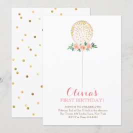 Convites Garota Primeiro Aniversário Balão Dourado de Aquar