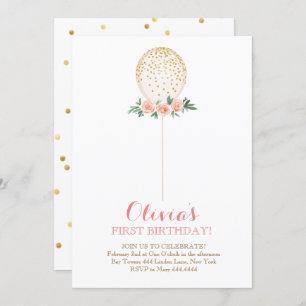 Convites Garota Primeiro Aniversário Balão Dourado de Aquar