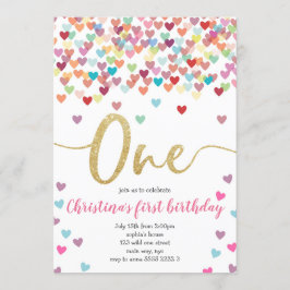 Convites Garota Primeiro Aniversário Corações Chá Arco-Íris