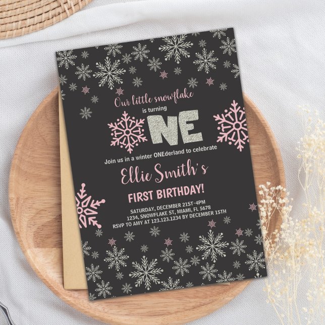 Convites Garota primeiro aniversario de Floco de Neve (Pink Silver Glitter Onederland Birthday Invitation)